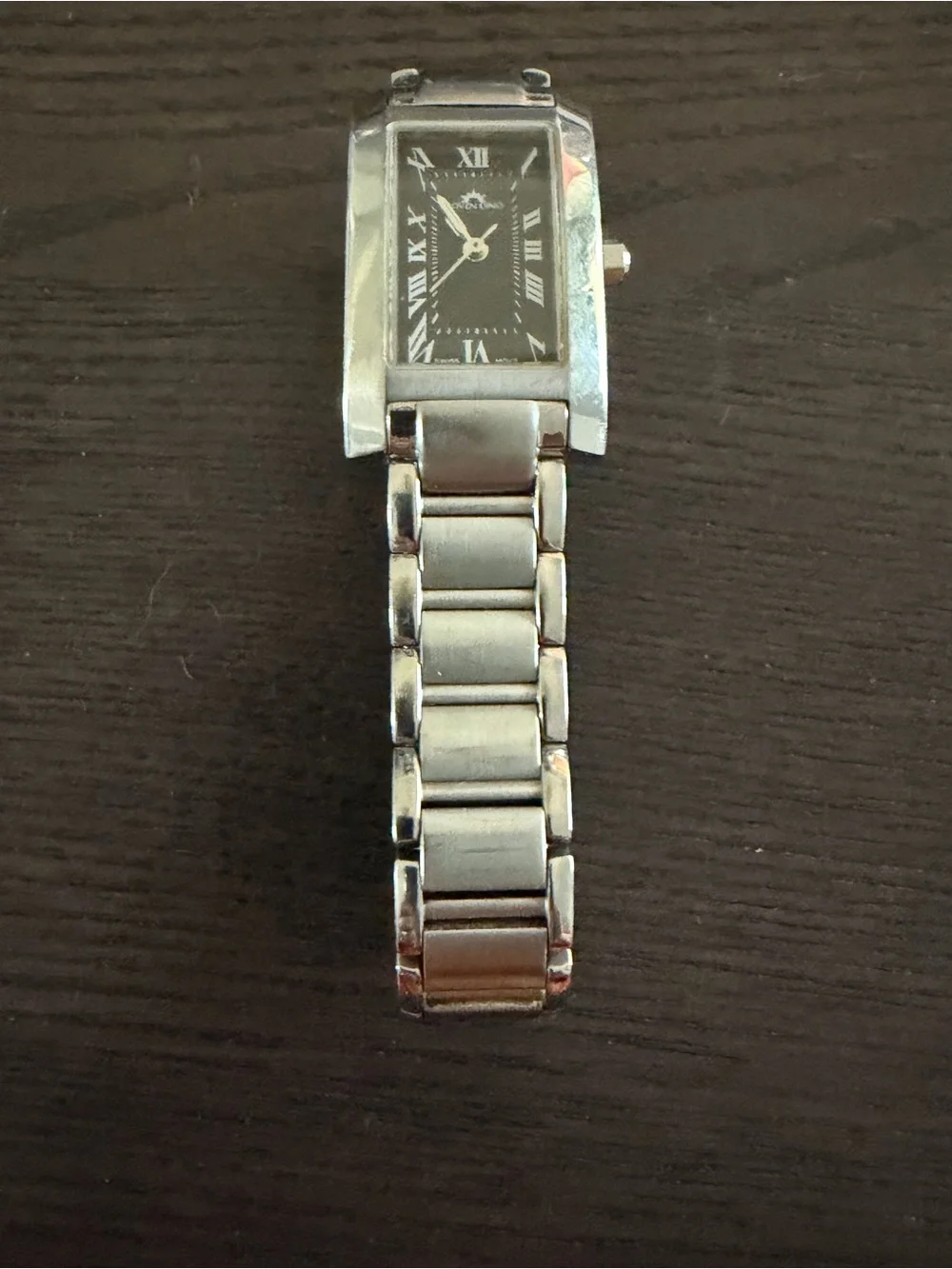 Roven Dino Rectangular Quartz Watch Black Dial Silver Bracelet, model no. 6006L